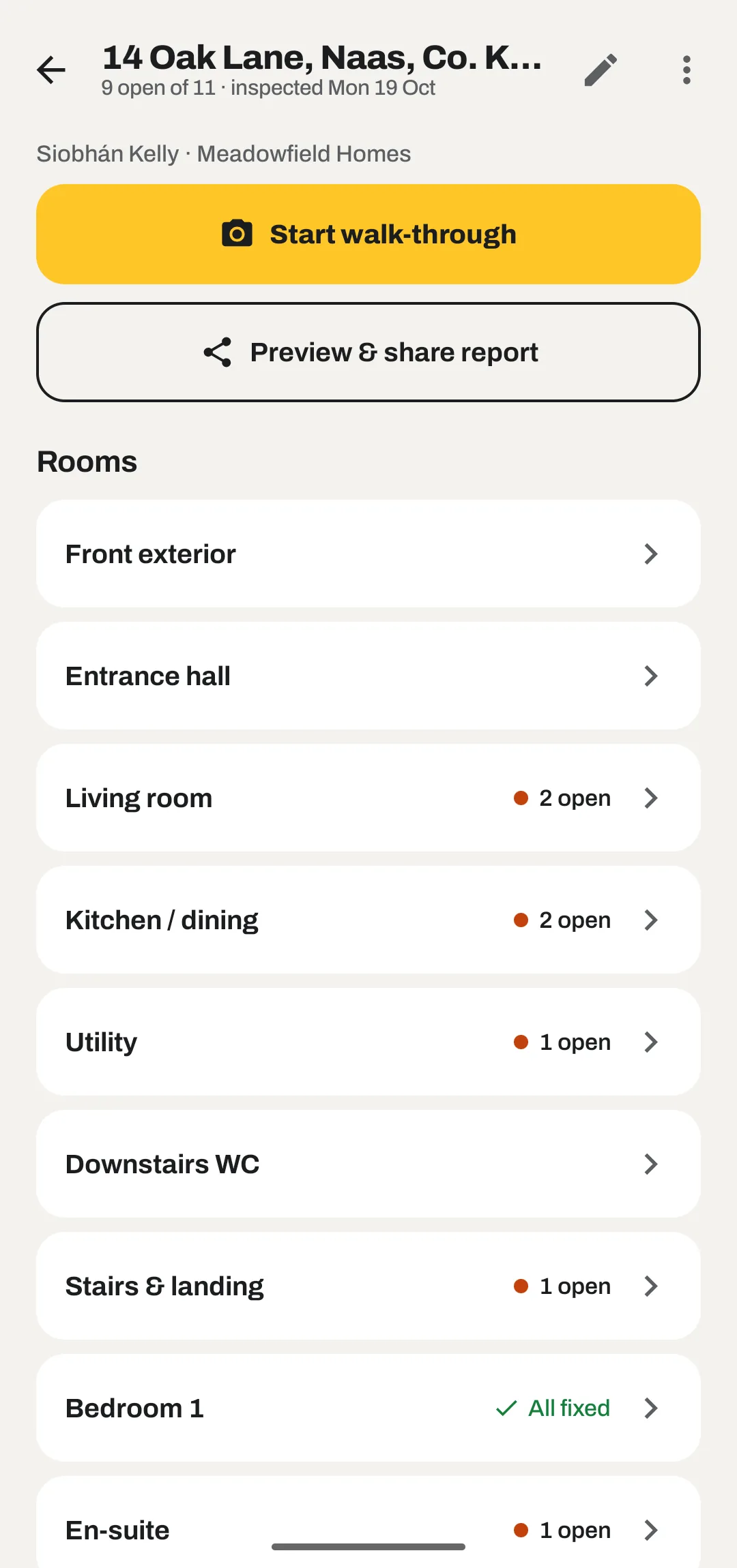An inspection with its rooms and open snags